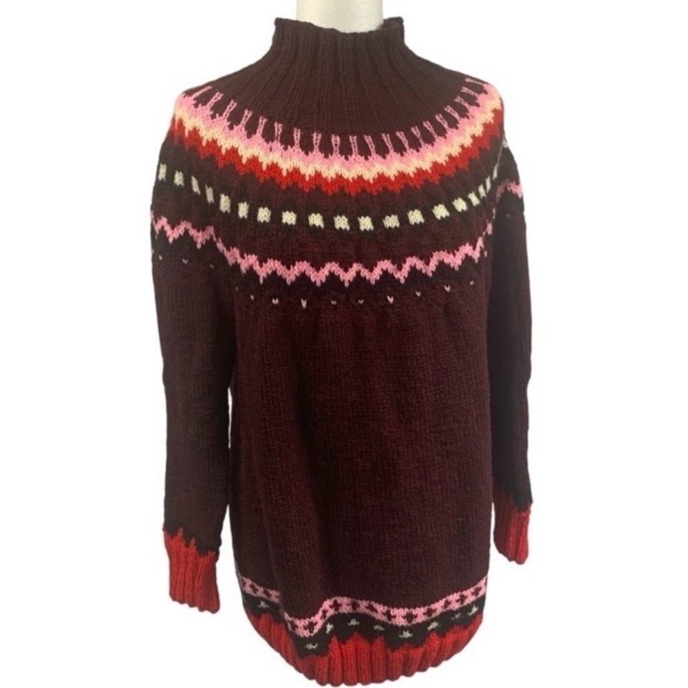 Hand Knit Style Sweater Fair Isle Alpine Pullover Funnel Neck Rich Colour M/L